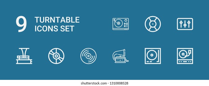 Editable 9 turntable icons for web and mobile. Set of turntable included icons line Turntable, Phonograph, Record, Vinyl, DJ on blue background