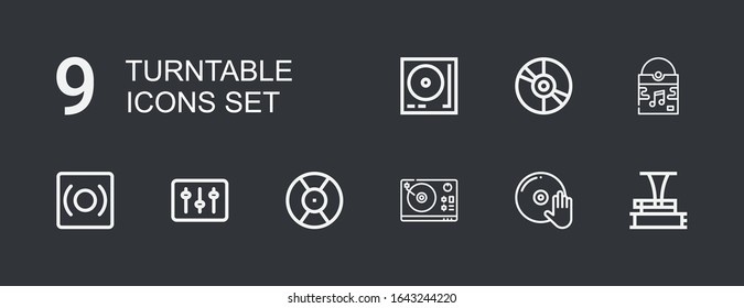 Editable 9 turntable icons for web and mobile. Set of turntable included icons line Phonograph, DJ, Turntable, Record, Vinyl on dark background
