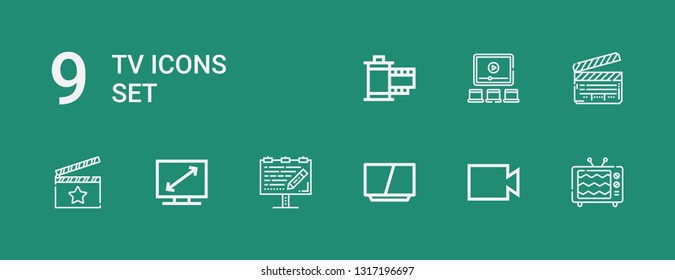 Editable 9 tv icons for web and mobile. Set of tv included icons line Tv, Video, Television, Billboard, Clapperboard, Film on green background