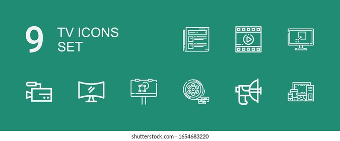 Editable 9 tv icons for web and mobile. Set of tv included icons line Electronics, Parabolic, Film, Billboard, Television, Video, News on green background