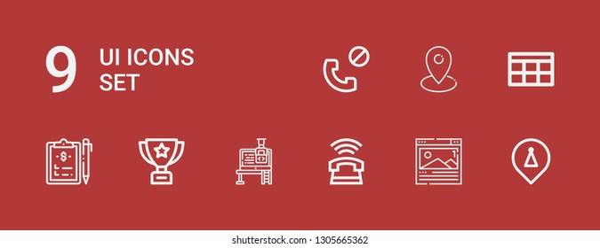Editable 9 ui icons for web and mobile. Set of ui included icons line Placeholder, Browser, Phone, Web design, Trophy, Clipboard, Calendar, Location, Phone call on red background