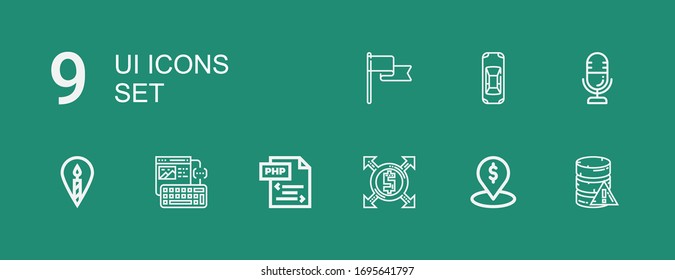 Editable 9 ui icons for web and mobile. Set of ui included icons line Database, Placeholder, Expand, Php, Wireframe, Location, Microphone, Car, Flag on green background