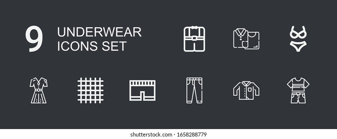Editable 9 underwear icons for web and mobile. Set of underwear included icons line Clothes, Clothing, Jeans, Short, Cloth, Fashion, Bikini on dark background