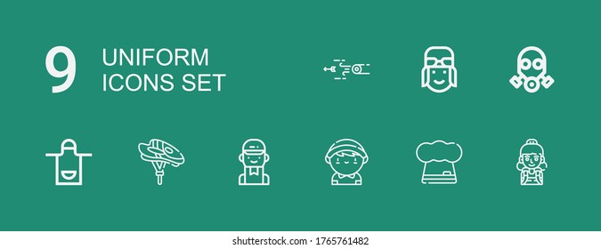 Editable 9 uniform icons for web and mobile. Set of uniform included icons line Student, Chef, Delivery man, Helmet, Apron, Gas mask, Pilot, Blowpipe on green background