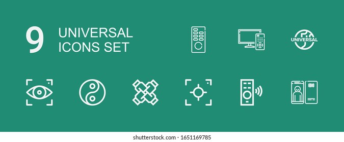 Bearbeitbar 9 universelle Icons für Web und Mobile. Satz von universellen, enthaltenen Symbolen Zeile Fokus, Fernbedienung, Vereinigte, Yin-Yang, Universal auf grünem Hintergrund