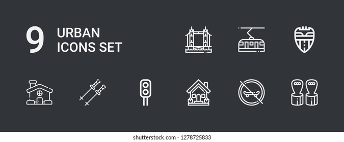 Editable 9 urban icons for web and mobile. Set of urban included icons line Hand grip, Skateboard, House, Traffic light, Poles, Valencia, Tram, Tower bridge on dark background