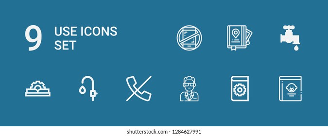 Editable 9 use icons for web and mobile. Set of use included icons line Guide book, Manual, Guide, No calls, Faucet, No phones on blue background
