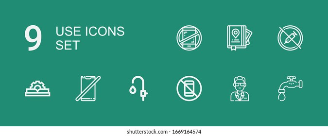 Editable 9 use icons for web and mobile. Set of use included icons line Faucet, Guide, No phone, Manual, No drugs, No phones on green background