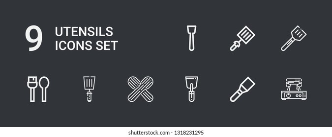 Editable 9 utensils icons for web and mobile. Set of utensils included icons line Waffle iron, Spatula, Wooden spoon, Utensils on dark background