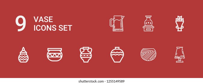 Editable 9 vase icons for web and mobile. Set of vase included icons line Pottery, Amphora, Bouquet, Vase, Pitcher on red background