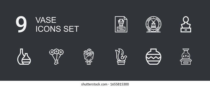 Editable 9 vase icons for web and mobile. Set of vase included icons line Vase, Sculpture, Bouquet, Ceramic on dark background
