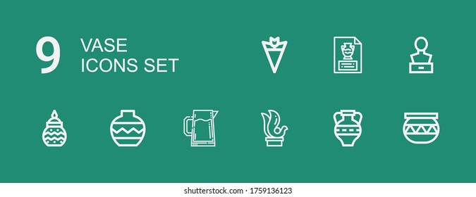 Editable 9 vase icons for web and mobile. Set of vase included icons line Pottery, Amphora, Sculpture, Pitcher, Vase, Bouquet on green background