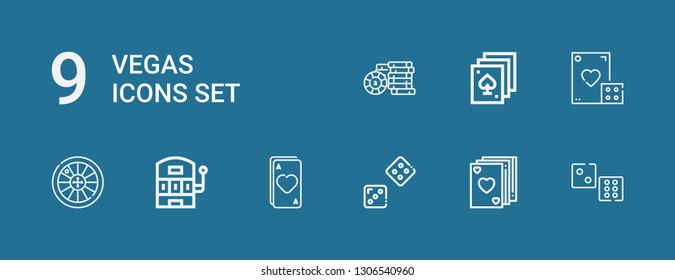 Editable 9 vegas icons for web and mobile. Set of vegas included icons line Dice, Poker, Ace, Slot machine, Roulette, Casino chip on blue background
