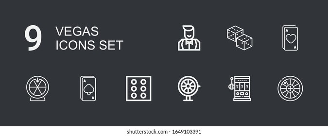 Editable 9 vegas icons for web and mobile. Set of vegas included icons line Roulette, Slot machine, Dice, Ace, Dices, Croupier on dark background