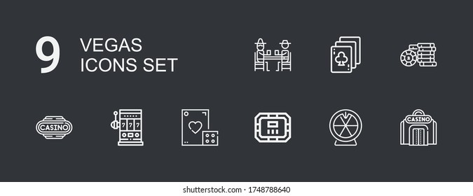 Editable 9 vegas icons for web and mobile. Set of vegas included icons line Casino, Roulette, Poker table, Dice, Slot machine, Casino chip, Playing cards, Gamblers on dark background