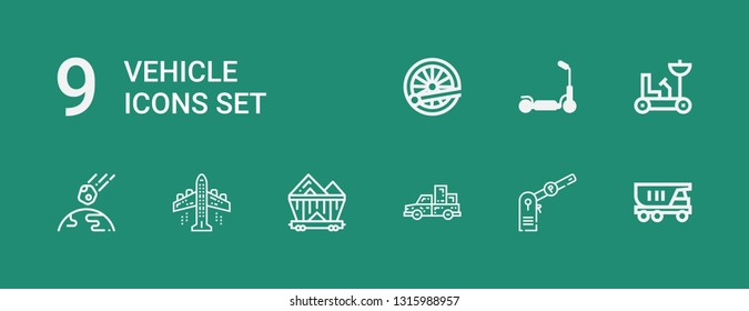 Editable 9 vehicle icons for web and mobile. Set of vehicle included icons line Truck, Parking, Pickup truck, Wagon, Aeroplane, Collision, Moon rover, Kick scooter on green background