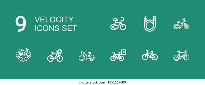 Iconos editables de 9 velocidades para web y móvil. Conjunto de velocidades incluidas línea iconos Bicicleta sobre fondo verde