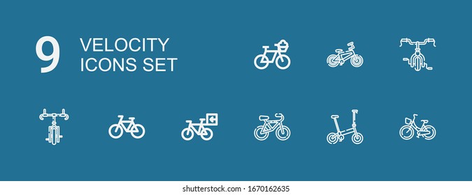 Editable 9 velocity icons for web and mobile. Set of velocity included icons line Bicycle on blue background