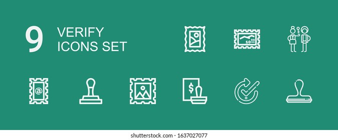 Editable 9 verify icons for web and mobile. Set of verify included icons line Stamp, Check, Check in on green background