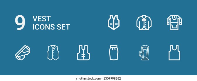 Editable 9 vest icons for web and mobile. Set of vest included icons line Sleeveless, Frappe, Skirt, Lifejacket, Vest, Safety glasses, Tunic on blue background