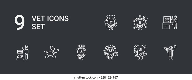 Editable 9 vet icons for web and mobile. Set of vet included icons line Veterinarian, Dog on dark background