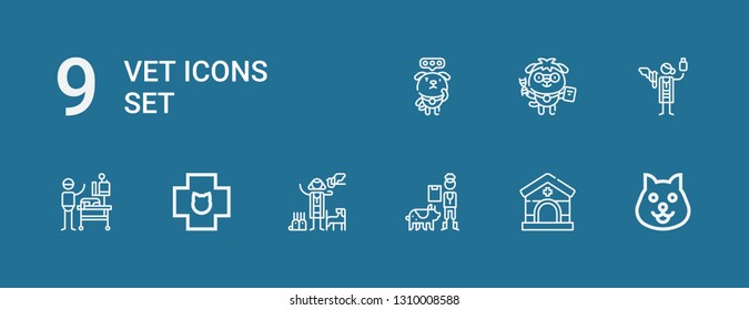 Editable 9 vet icons for web and mobile. Set of vet included icons line Dog, Veterinary, Veterinarian on blue background