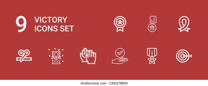 Editable 9 victory icons for web and mobile. Set of victory included icons line Target, Medal, Success, Clap, Seal, Ribbon on red background