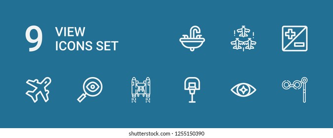 Editable 9 view icons for web and mobile. Set of view included icons line Binoculars, Eye, Basketball, Jetpack, Search, Aviation, Zoom, Aircraft, Sink on blue background