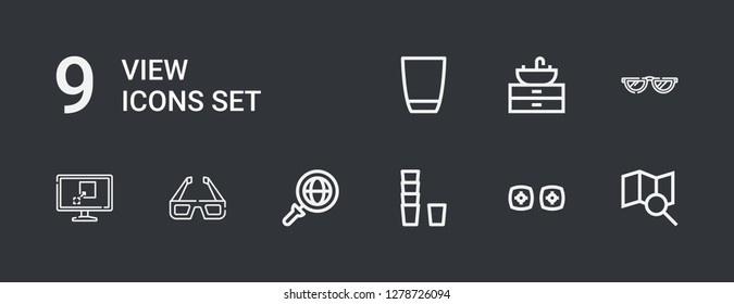 Editable 9 view icons for web and mobile. Set of view included icons line Search, Vr, Glass, d glasses, Television, Glasses, Sink on dark background
