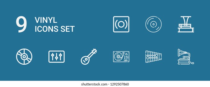 Editable 9 vinyl icons for web and mobile. Set of vinyl included icons line Gramophone, Xylophone, Turntable, Mandolin, DJ, Vinyl, Phonograph, Record on blue background