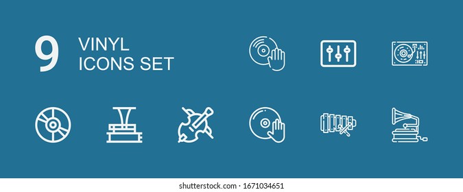 Editable 9 vinyl icons for web and mobile. Set of vinyl included icons line Gramophone, Xylophone, DJ, Cello, Phonograph, Vinyl, Turntable on blue background