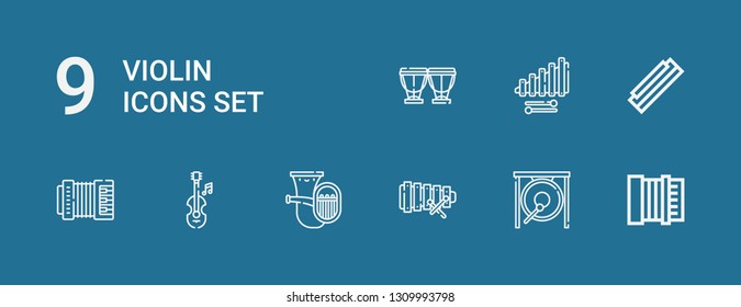 Editable 9 violin icons for web and mobile. Set of violin included icons line Accordion, Gong, Xylophone, Tuba, Violin, Harmonica, Timpani on blue background