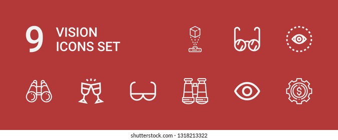 Editable 9 vision icons for web and mobile. Set of vision included icons line Development, Eye, Binoculars, Sun glasses, Glasses, Vision, Hologram on red background