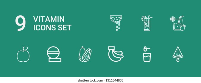 Editable 9 vitamin icons for web and mobile. Set of vitamin included icons line Watermelon, Powder, Bananas, Coconut, Pills, Apple, Lemonade on green background