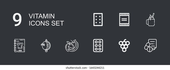Editable 9 vitamin icons for web and mobile. Set of vitamin included icons line Medical prescription, Grape, Drug, Fruits, Apple, Recipe book, Smoothie, Powder on dark background