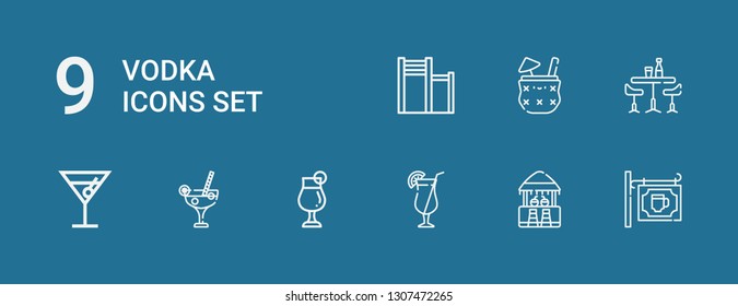 Editable 9 vodka icons for web and mobile. Set of vodka included icons line Bar, Cocktail on blue background