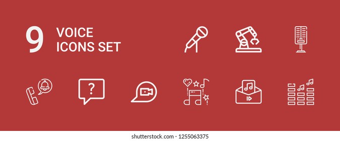 Editable 9 voice icons for web and mobile. Set of voice included icons line Volume, Audio, Music, Chat, Phone call, Microphone, Robot on red background
