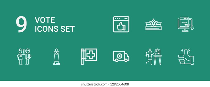 Editable 9 vote icons for web and mobile. Set of vote included icons line Thumbs up, Satisfaction, Red cross, Award, Check in, Web, Like on green background