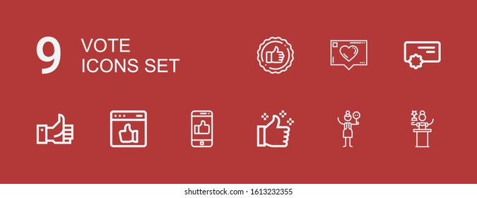 Editable 9 vote icons for web and mobile. Set of vote included icons line Awards, Crossing, Thumbs up, Like, Reward, Evaluate on red background
