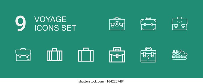 Editable 9 voyage icons for web and mobile. Set of voyage included icons line Cruise, Briefcase, Suitcase on green background