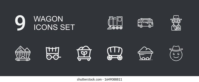 Editable 9 wagon icons for web and mobile. Set of wagon included icons line Cowboy, Coal, Wagon, Carriage, Minibus, Locomotive on dark background