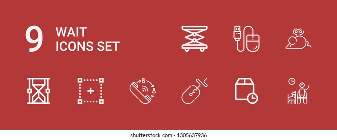 Editable 9 wait icons for web and mobile. Set of wait included icons line Waiting room, Wait time, Mouse, Queue, Selection, Hourglass, Elevator on red background