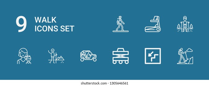 Editable 9 walk icons for web and mobile. Set of walk included icons line Hiking, Stairs, Walker, Buggy, Mother, Treadmill, Pedestrian on blue background