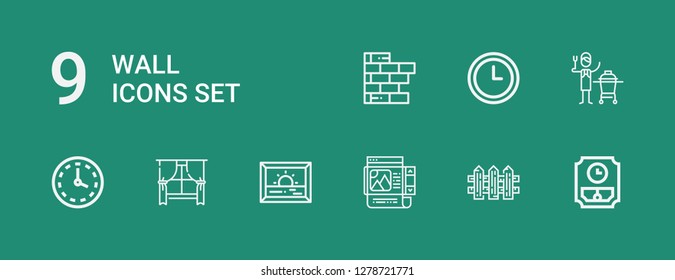 Editable 9 wall icons for web and mobile. Set of wall included icons line Wall clock, Fence, Frame, Painting, Window, Ceramic, Brick wall on green background