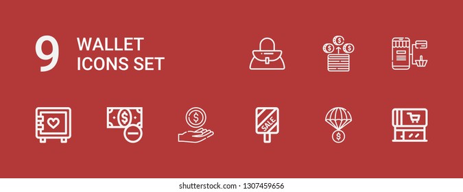 Editable 9 wallet icons for web and mobile. Set of wallet included icons line Supermarket, Money, Sale, Strongbox, Online shopping, Handbag on red background