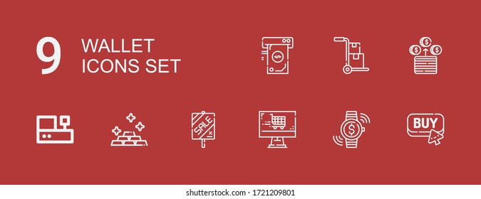 Iconos editables de 9 monederos para web y móvil. Conjunto de billetera incluida línea de iconos Comprar, Inversión, Tienda en línea, Venta, Oro, Cashbox, Dinero, Trole sobre fondo rojo