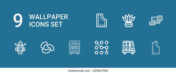 Editable 9 wallpaper icons for web and mobile. Set of wallpaper included icons line Pattern, Bookshelf, Bookcase, Jelly beans, Lifeboat, Fern on blue background