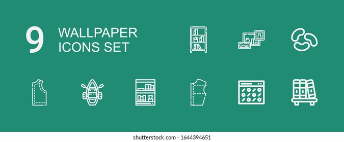 Editable 9 wallpaper icons for web and mobile. Set of wallpaper included icons line Bookshelf, Pattern, Bookcase, Lifeboat, Jelly beans on green background