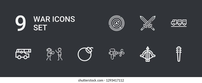 Editable 9 war icons for web and mobile. Set of war included icons line Weapons, Crossbow, Water gun, Bomb, Human rights, Cannon, Carrier, Swords, Radar on dark background