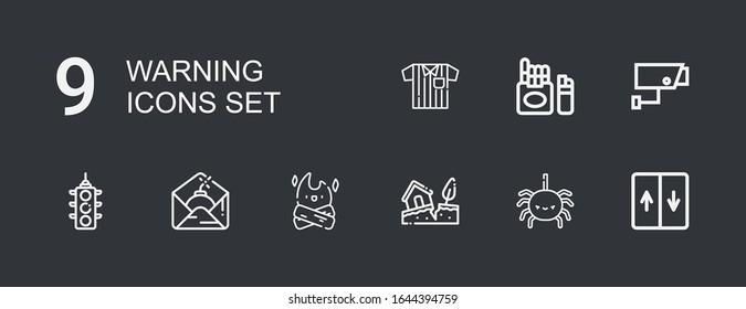 Editable 9 warning icons for web and mobile. Set of warning included icons line Elevator, Spider, Earthquake, Bonfire, Bomb, Traffic light, Security camera on dark background